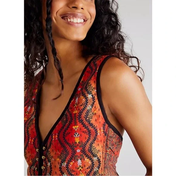 FREE PEOPLE Gemini Vest Rust Combo size XL Quilted Cropped Festival Boho - Picture 4 of 15